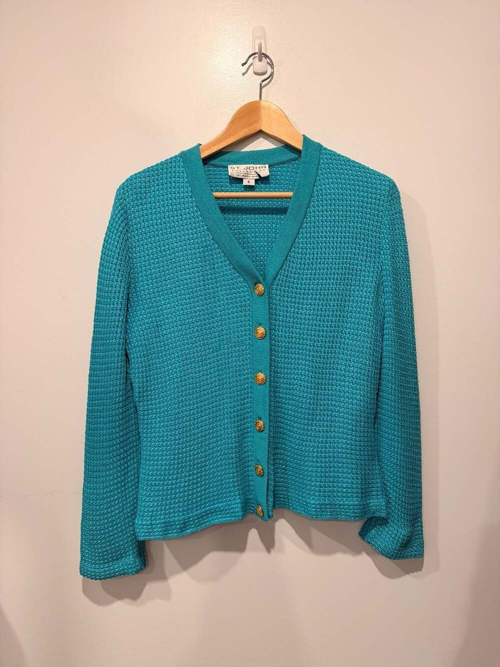 St. John Collection Cardigan Size 6 Teal Gold Buttons